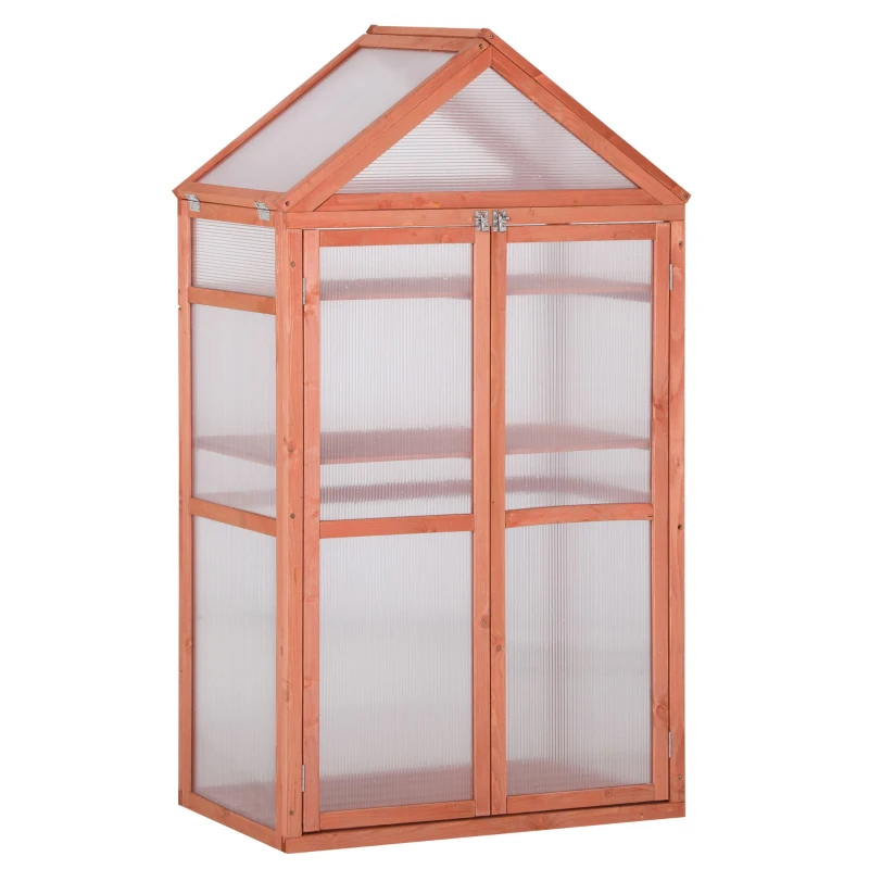 Outsunny Garden Cold Frame Polycarbonate Greenhouse with Adjustable Shelves, Double Doors, Openable Top Covers, Grow House for Flower Vegetable Plants, 80 x 47 x 138cm, Orange