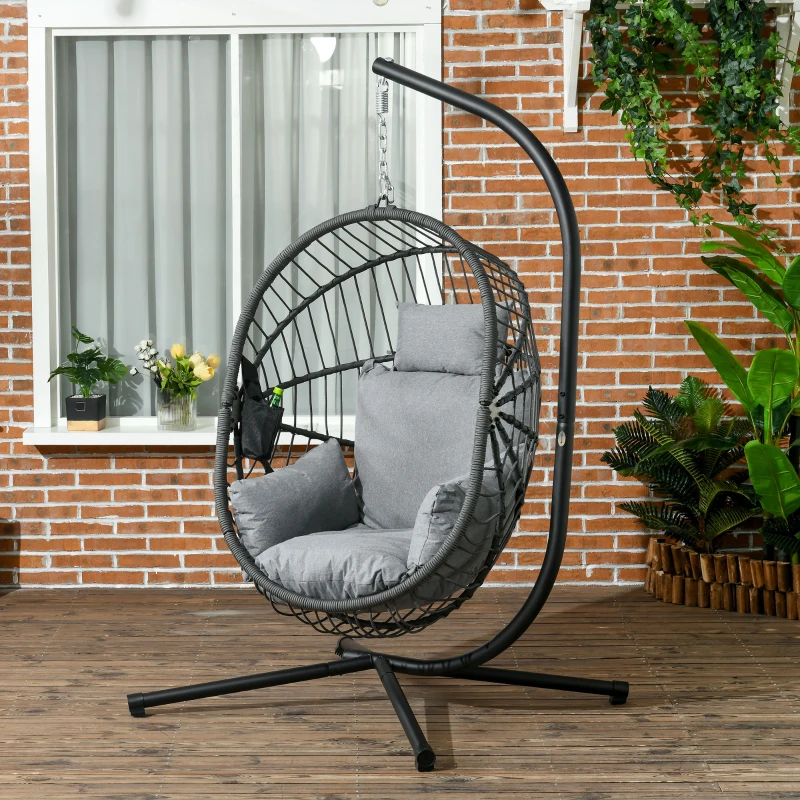 Outsunny Cadeira Suspensa com Suporte Cadeira Baloiço de Exterior com Cesta Dobrável Almofada e Apoio para a Cabeça 120x106x188 cm  Cinza