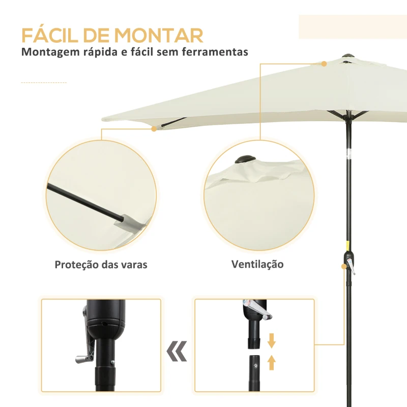 Outsunny Chapéu de Sol de Alumínio Retangular com Toldo Inclinável a Manivela e Mastro Desmontável  195x295x253 cm Creme