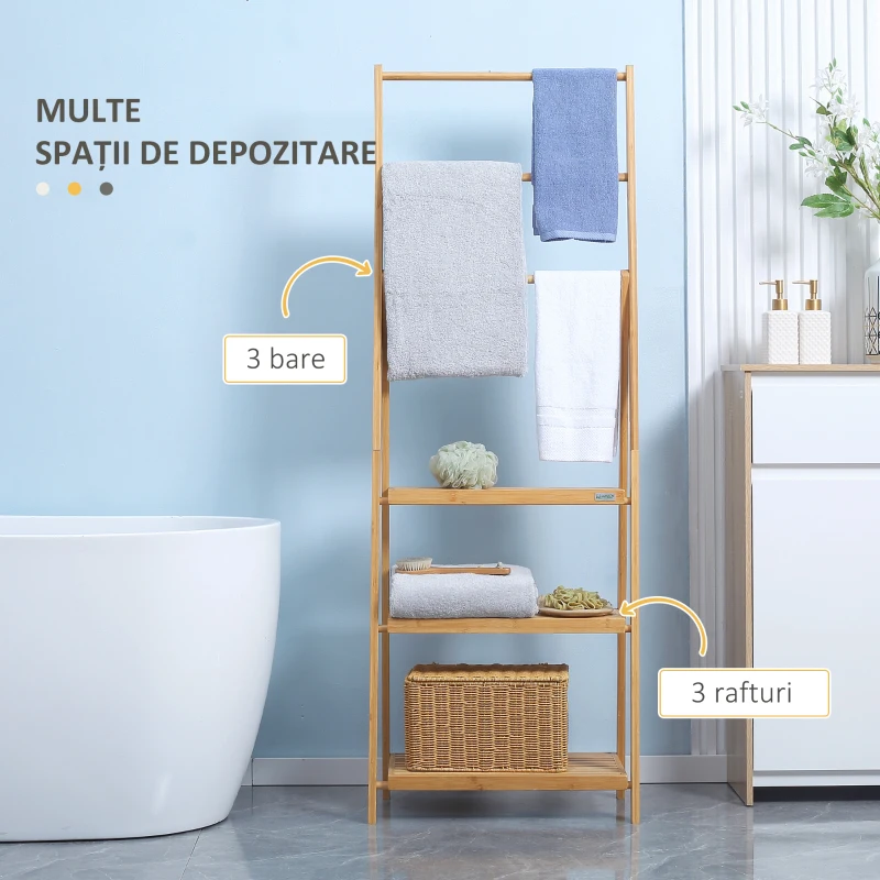 Kleankin Suport de Podea Multifuncțional pentru Prosoape de Baie cu 3 Bare și 3 Rafturi, 53x30,5x152 cm, Natural