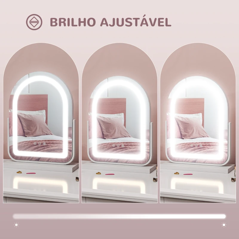 HOMCOM Espelho de Maquilhagem com Luz LED Giratório com 3 Modos de Iluminação Rotação Regulável de 360° e Função de Memória Branco