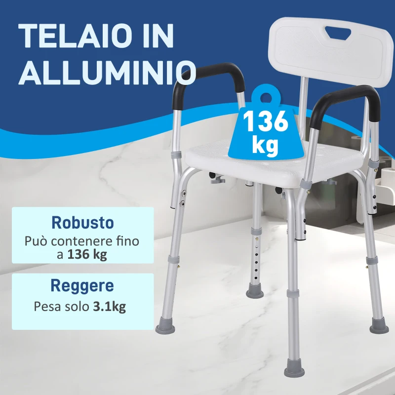 HOMCOM Sedia per Doccia in Alluminio con Altezza Regolabile e Piedini Antiscivolo, 51.5x51.5x71-84cm, Bianco