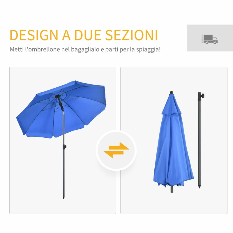 Outsunny Ombrellone da Spiaggia 1.8x2 m con Reclinazione a 45° e 8 Stecche, Poliestere e Acciaio, Blu
