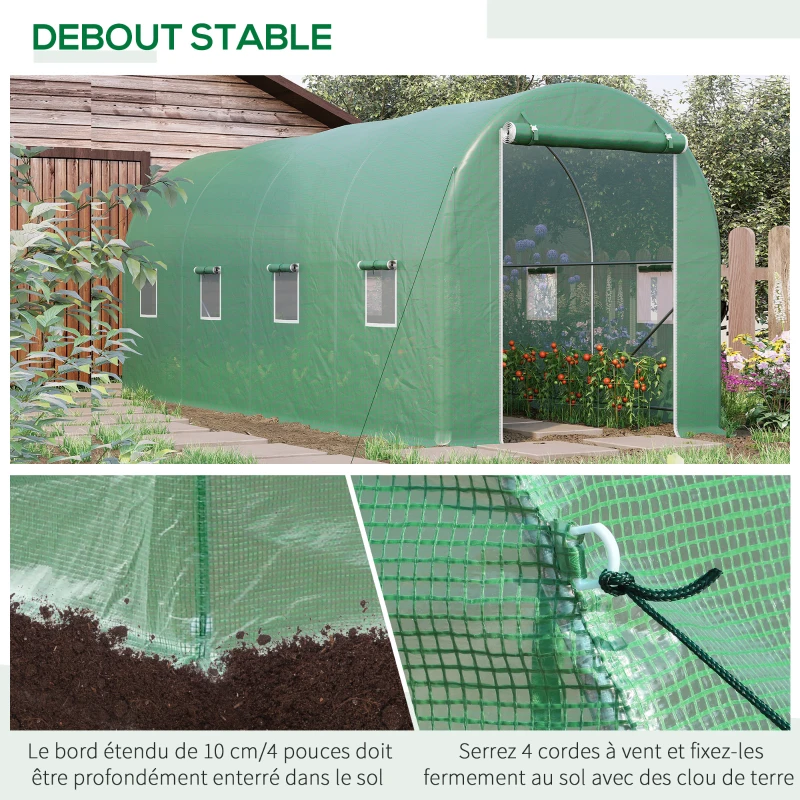 Outsunny Serre de Jardin Tunnel Surface Sol 10 m² 5L x 2l x 2,05H m châssis Tubulaire renforcé Porte zippée 8 fenêtres enroulables Vert