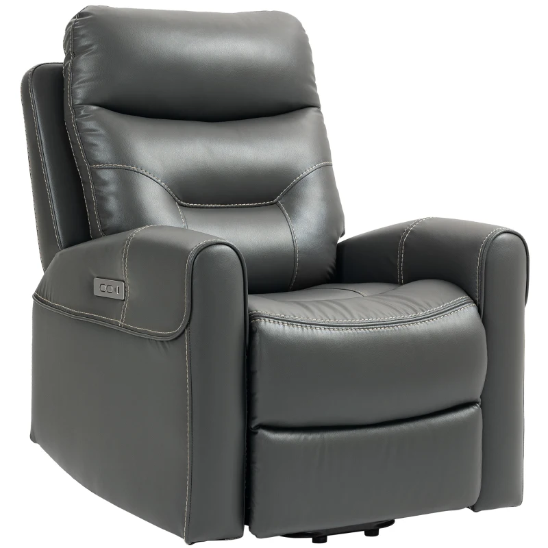 HOMCOM Power Lift Recliner Chair for Elderly, Overstuffed Faux Leather Riser and Reclining Chair with USB A+C Ports, Recliner Armchair for Living Room, Charcoal Grey