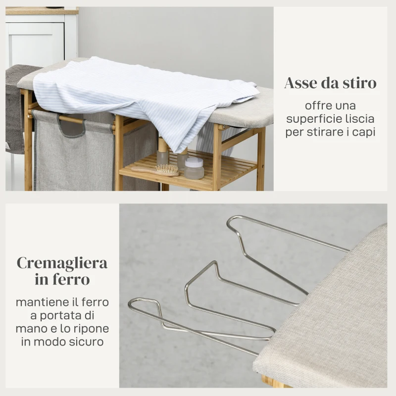 HOMCOM Cestino Portabiancheria in Bambù e Poliestere con Asse da Stiro e Ripiano a 3 Livelli, 113x34x82 cm