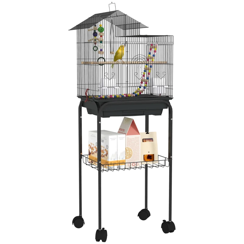 PawHut Gaiola para Passáros Gaiola de Metal com Portas 4 Comedouros 3 Poleiros Baloiço Escadas e Bandeja Removível 46x36x120 cm Preto