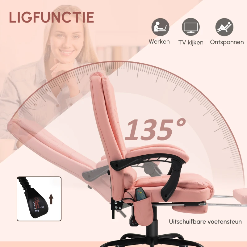 Vinsetto Massage Bureaustoel, 7 Vibratiepunten, Verstelbare Voetensteun & Rugleuning, tot 120 kg, Lederlook, Roze(m-6)