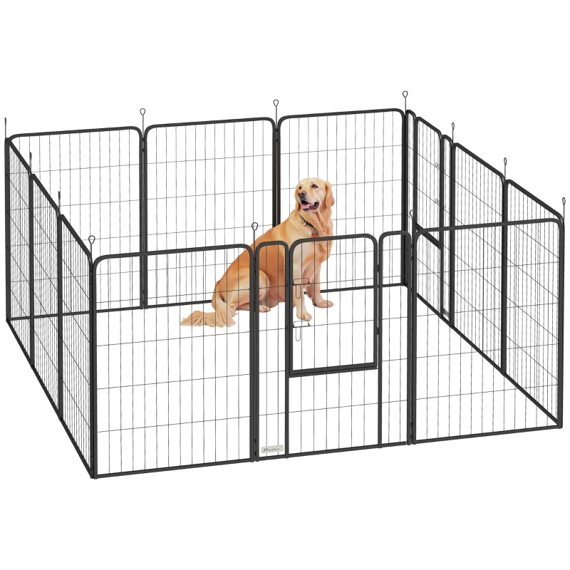 PawHut Vierkantige Puppyren met 12 Roosters, Deur, Aardpennen, Flexibel en Opvouwbaar - 100cm Hoog(m-10)