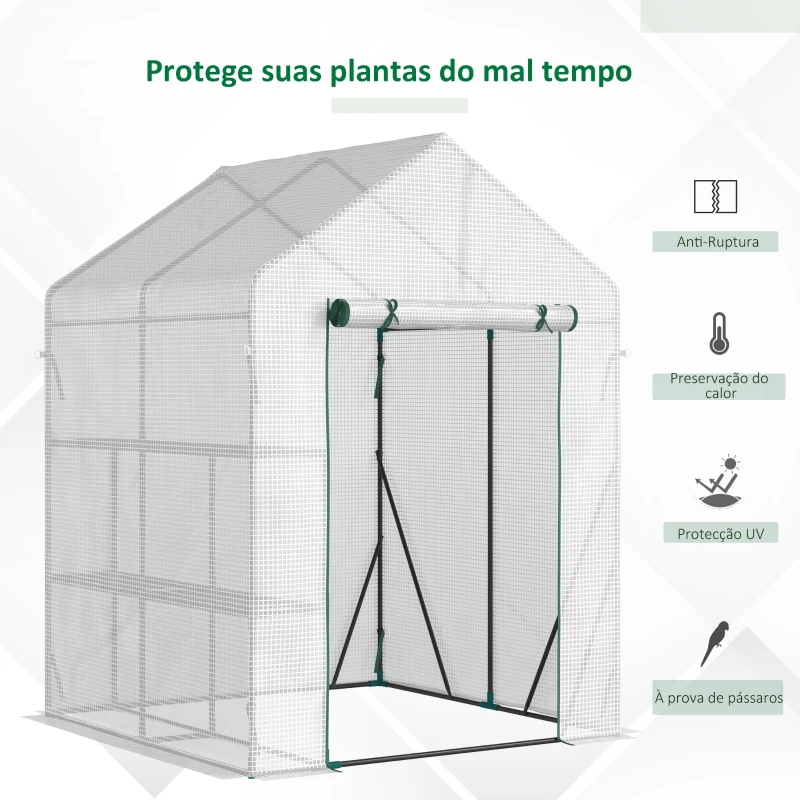 Outsunny Estufa de Jardim 143x143x195 cm Estufa de Aço com 2 Prateleiras e Porta Enrolável para Cultivos de Plantas Vasos de Flores Pátio Exterior Branco