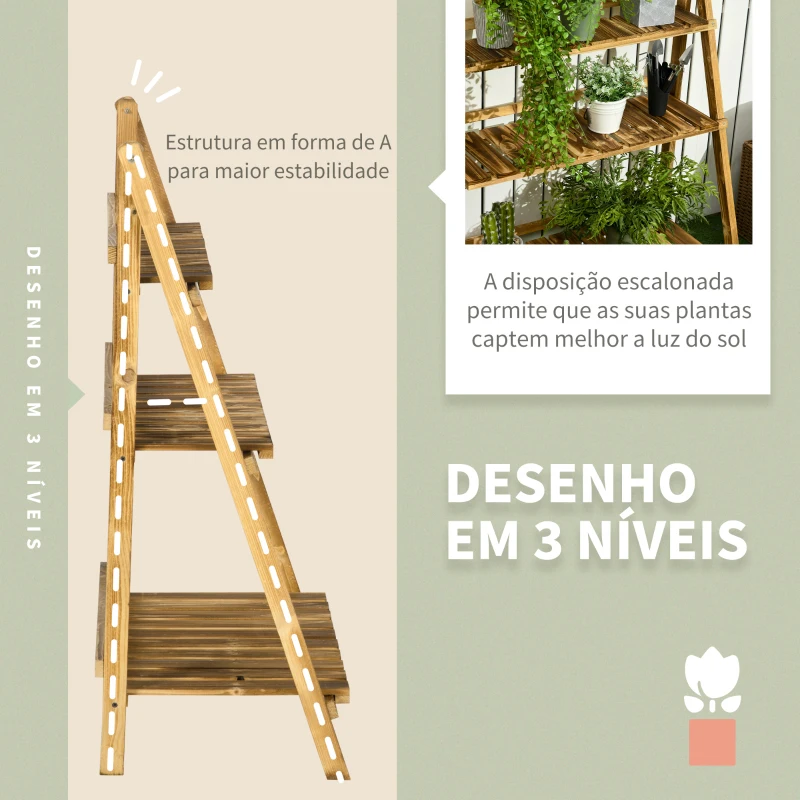 Outsunny Suporte para Plantas de Madeira com 3 Níveis Dobrável Suporte para Vasos de Plantas para Interior e Exterior 80x37x93 cm Madeira