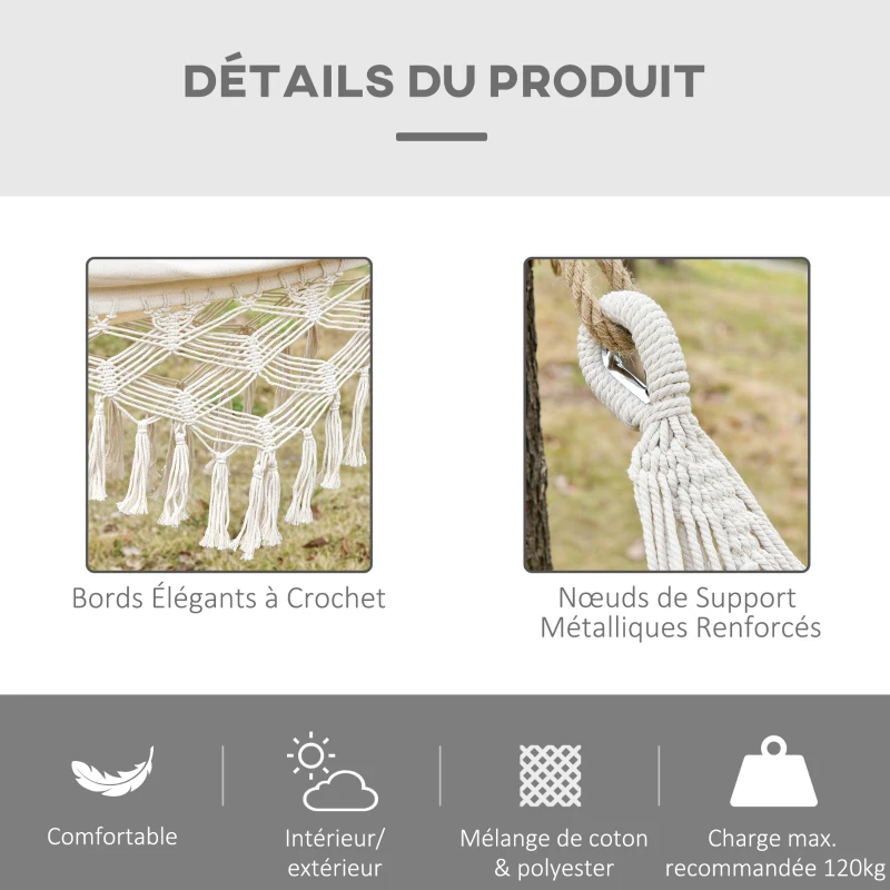 Outsunny Hamac de Voyage Portable Style bohème Chic Toile de hamac dim. totales 2,88L x 1,5l m Coton Polyester Beige