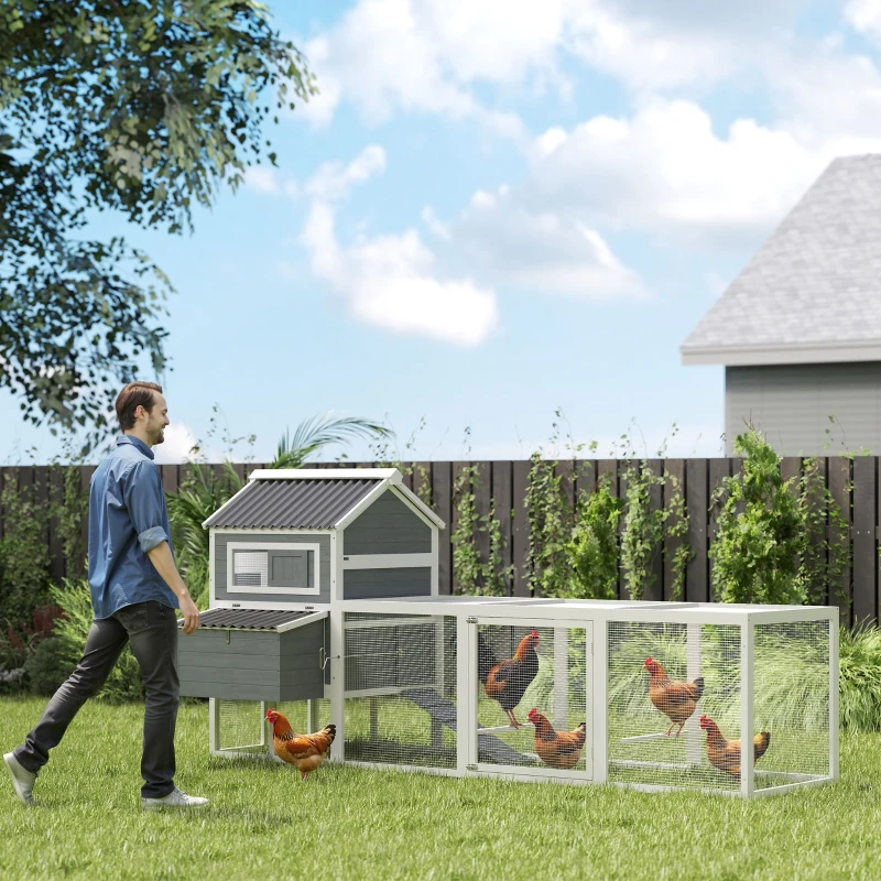 PawHut Gallinero de Madera con Perchas Columpio Nidos y Bandeja Extraíble 315,5x150,5x140,5 cm Gris