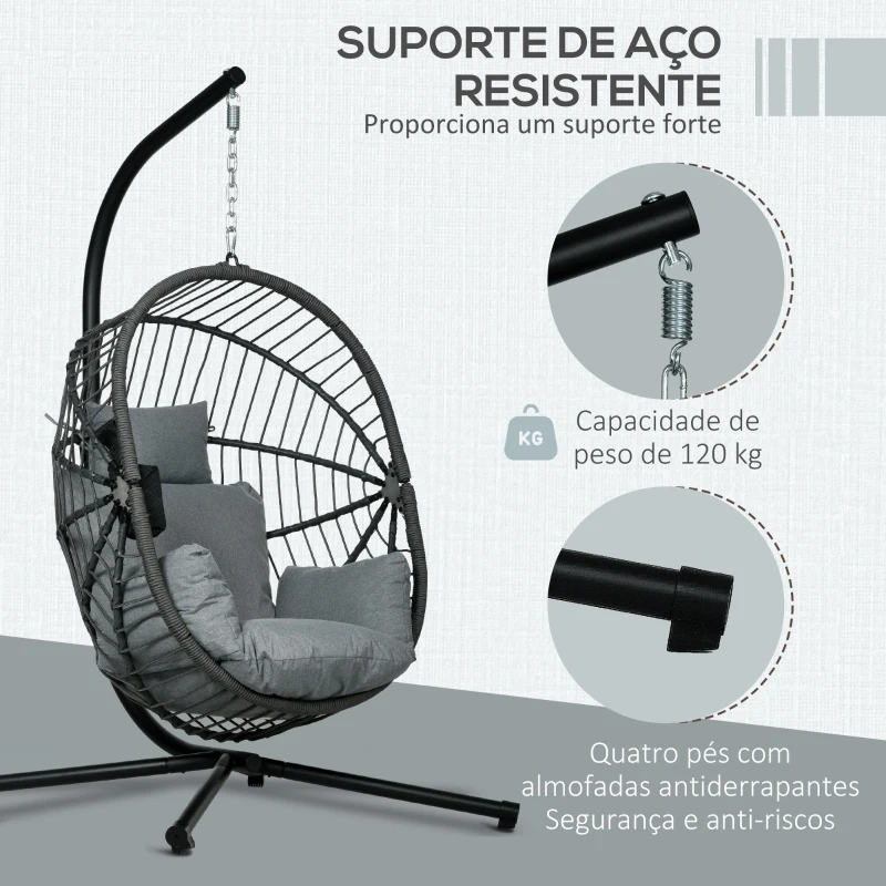 Outsunny Cadeira Suspensa com Suporte Cadeira Baloiço de Exterior com Cesta Dobrável Almofada e Apoio para a Cabeça 120x106x188 cm  Cinza
