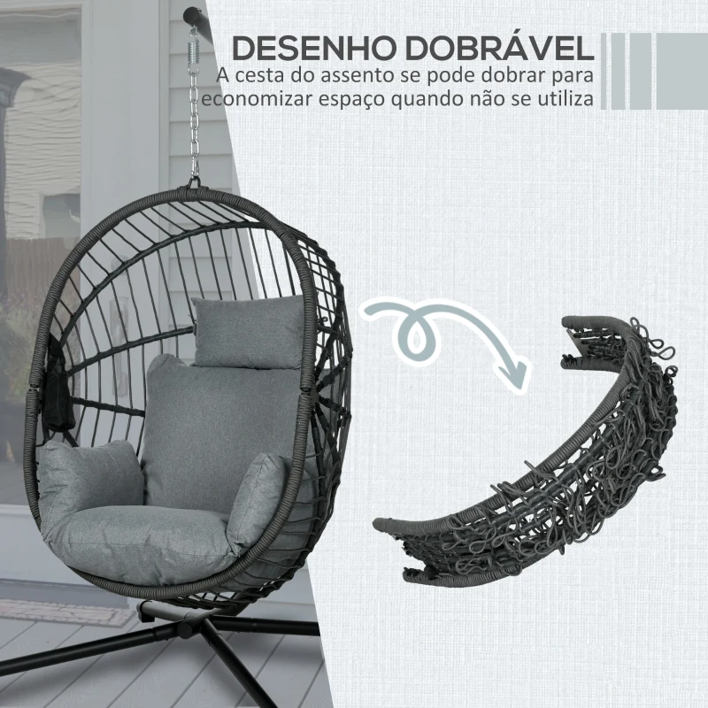 Outsunny Cadeira Suspensa com Suporte Cadeira Baloiço de Exterior com Cesta Dobrável Almofada e Apoio para a Cabeça 120x106x188 cm  Cinza