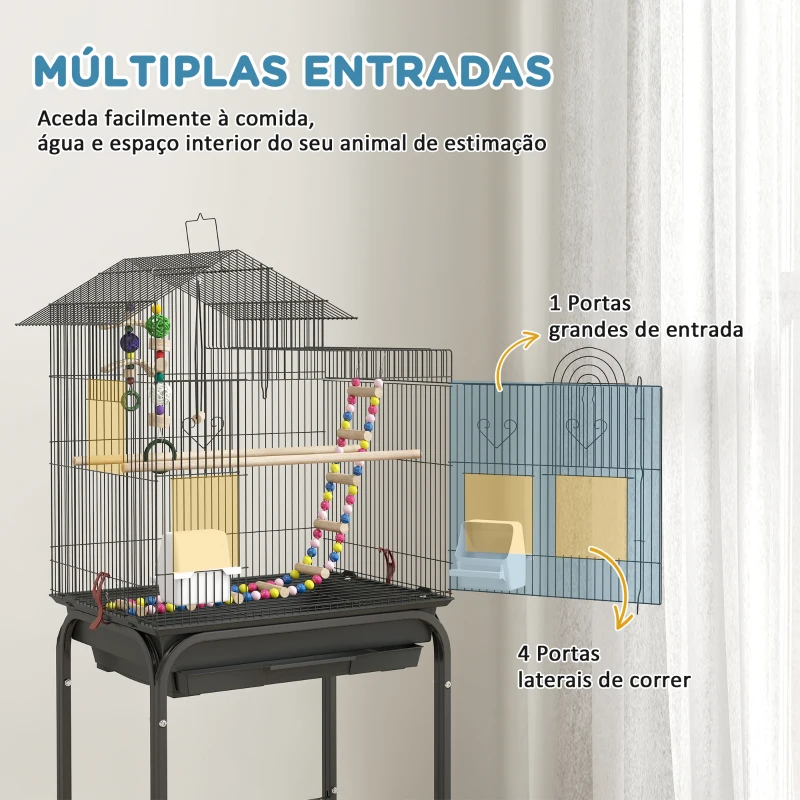 PawHut Gaiola para Passáros Gaiola de Metal com Portas 4 Comedouros 3 Poleiros Baloiço Escadas e Bandeja Removível 46x36x120 cm Preto