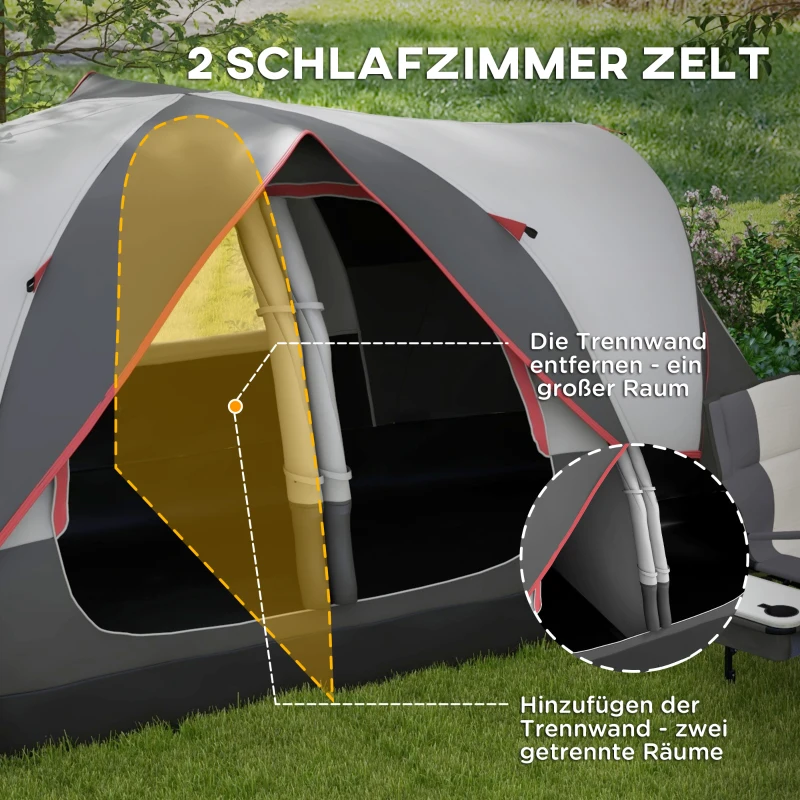 Outsunny Campingzelt, 2 Räume, Trennwand, für 6-8 Personen, Regenschutz, Grau