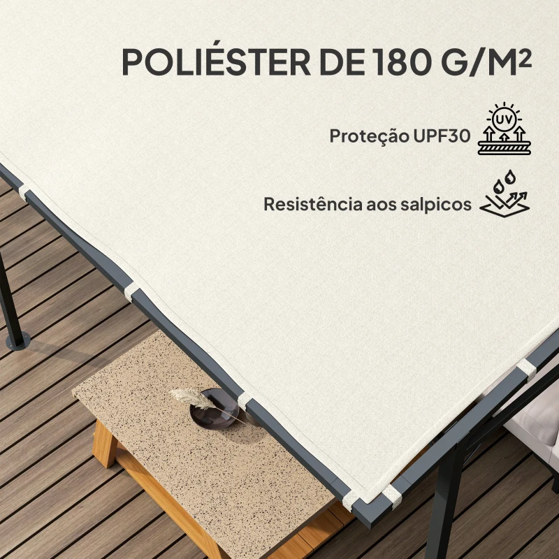 Outsunny Pérgola de Parede 2,4x2,4 m Pérgola de Jardim com Teto Inclinado Proteção UV 30+ Impermeável e Estrutura de Metal Creme