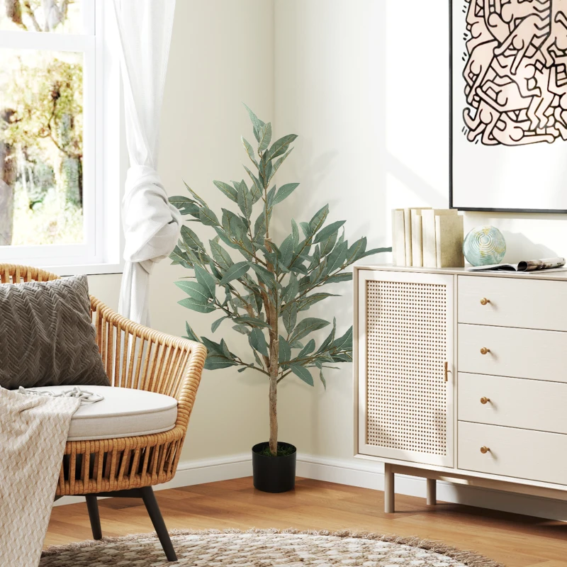 HOMCOM Árbol Artificial de Laurel 120 cm Decoración para Hogar Oficina Balcón Dormitorio Verde