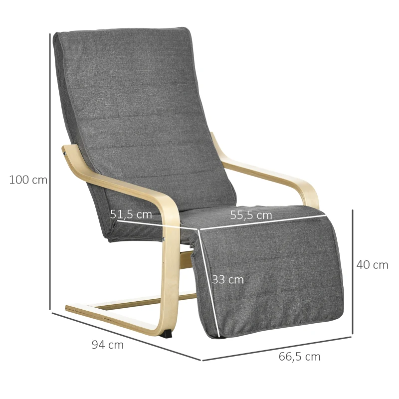 HOMCOM Akzentsessel, Relaxsessel mit verstellbarem Fußteil, Birkenholzrahmen, bis 120 kg, 66,5 x 94 x 100 cm, Grau(m-3)