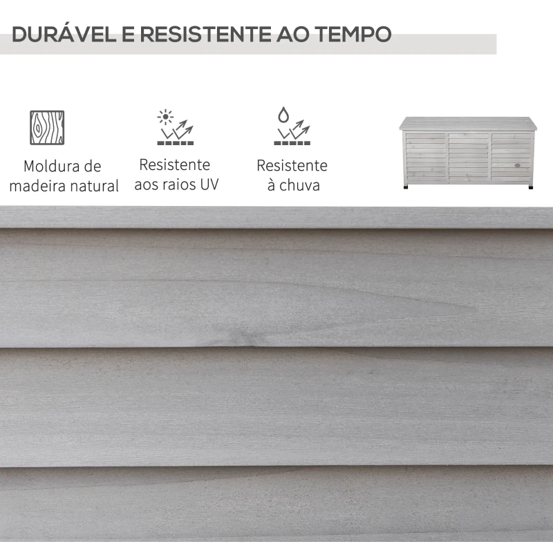 Outsunny Baú de Armazenamento Baú de Madeira de Jardim com Tampa Abatível e Desenho de Persiana 127x56x60 cm Cinzento