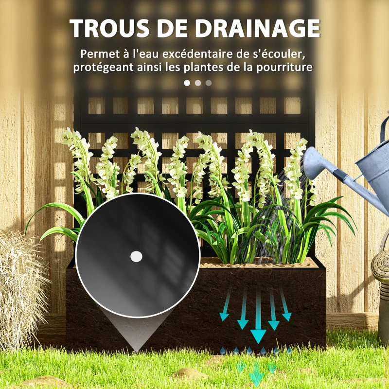 Outsunny Jardinière avec treillis, brise-vue, lit surélevé de jardin acier galvanisée, pour plantes grimpantes, 89x40x178cm, noir