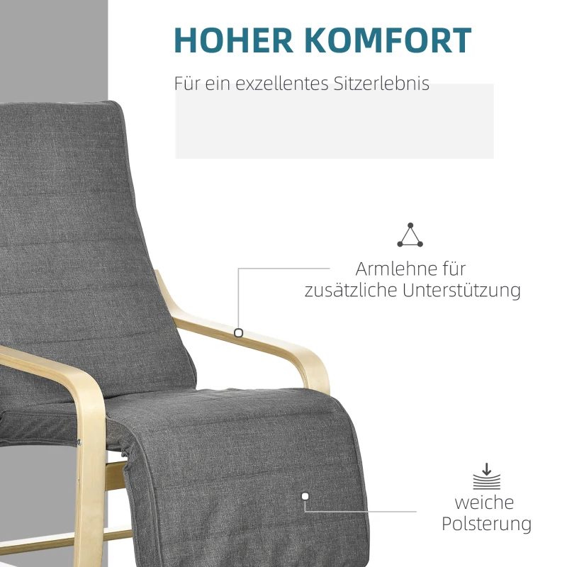 HOMCOM Akzentsessel, Relaxsessel mit verstellbarem Fußteil, Birkenholzrahmen, bis 120 kg, 66,5 x 94 x 100 cm, Grau(m-5)