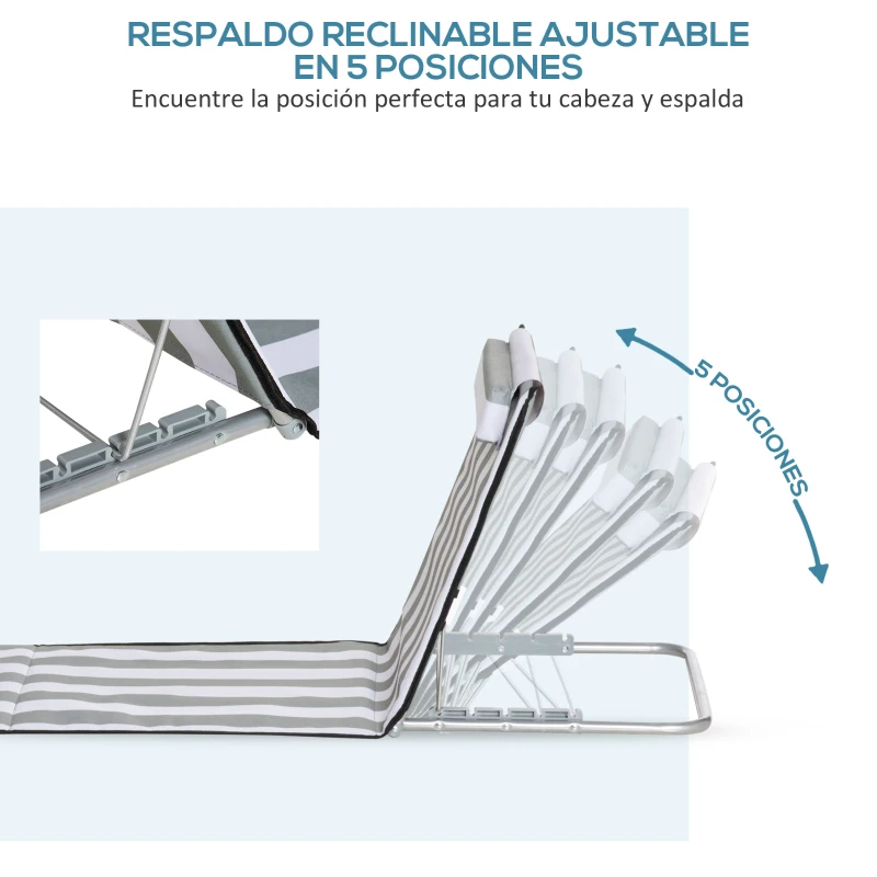 Outsunny Conjunto de 2 Esterillas con Respaldo Reclinable Reposacabezas y Bolsa de Transporte 134x48x33-43 cm Blanco y Gris