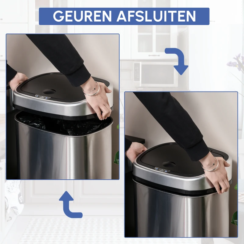 HOMCOM® Automatische vuilnisbak met infraroodsensor 48 L zilverkleurige vuilnisbak keukenemmer 40,5 L x 29,5 B x 57 H cm
