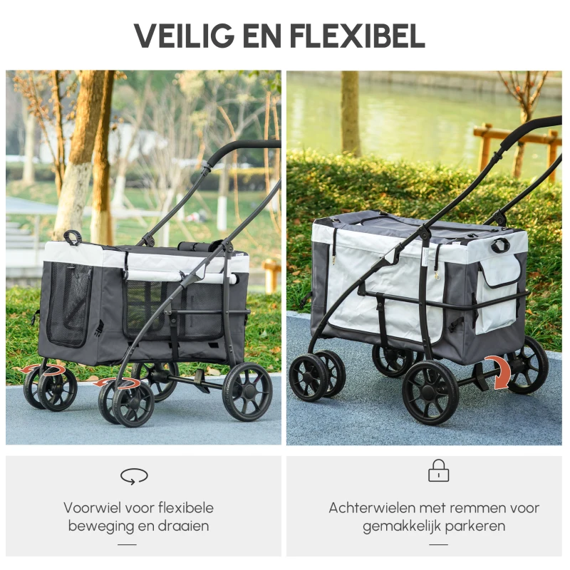 PawHut Hondenbuggy Huisdierbuggy Hondenkar, inklapbaar, afneembare mand, 81 x 58 x 97,5 cm, Zwart + Grijs + Wit
