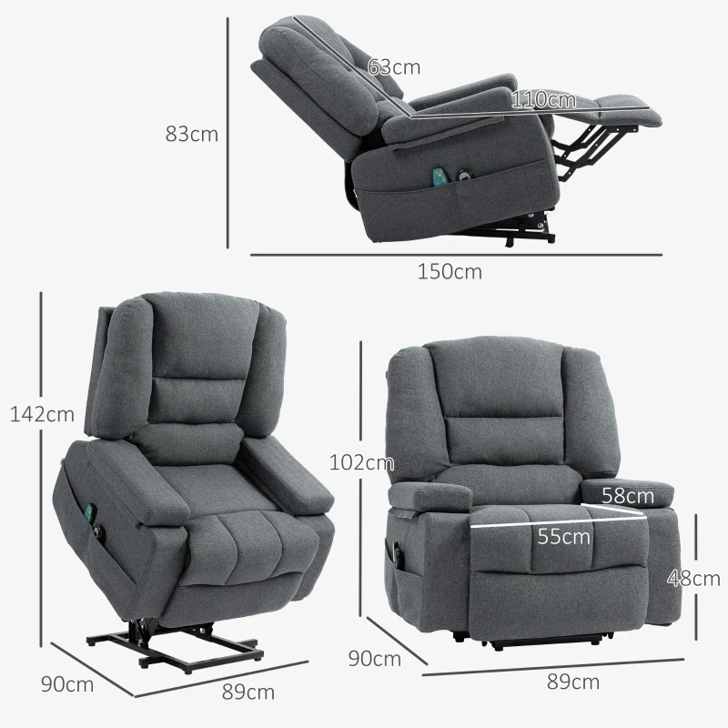 HOMCOM Poltrona Alzapersona Reclinabile con 8 Punti Massaggianti, in Tessuto Effetto Lino, 97x90x102 cm, Grigio