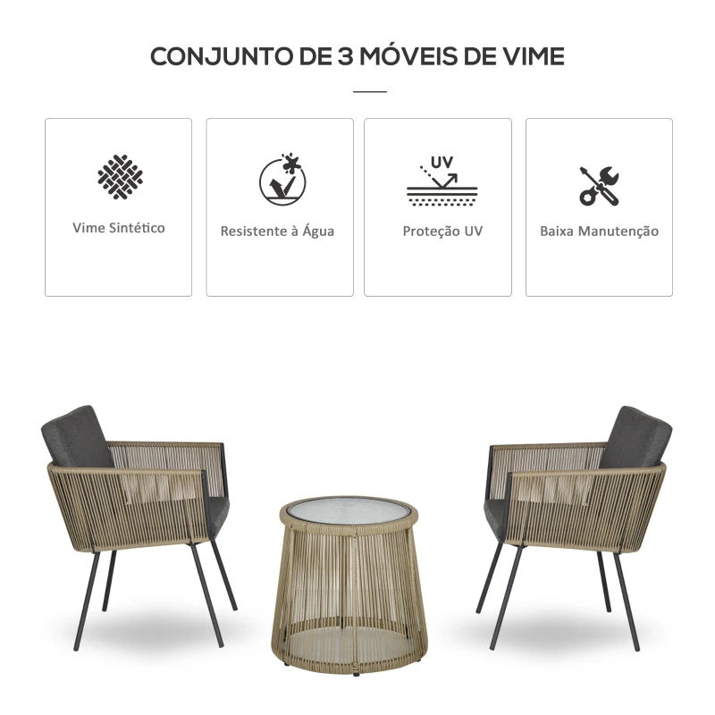 Outsunny Conjunto de Móveis de Vime Conjunto de Móveis para Jardim 3 Peças Mesa Redonda e 2 Poltronas com Almofadas Cinza Claro e Marrom