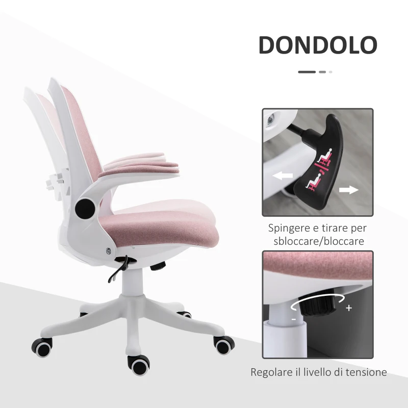 Vinsetto Sedia da Ufficio Ergonomica ad Altezza Regolabile, in Tessuto Effetto Velluto, 62.5x60x94-104 cm, Bianco e Rosa(m-5)