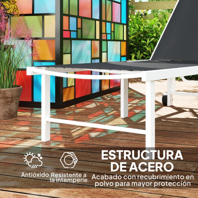 Outsunny Tumbona Reclinable de Jardín Exterior con Ruedas Respaldo Ajustable en 5 Posiciones y Marco de Acero 166x60x84 cm Gris