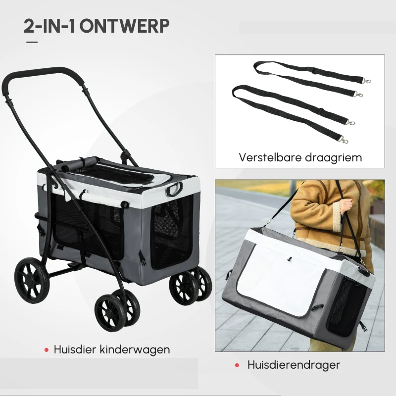 PawHut Hondenbuggy Huisdierbuggy Hondenkar, inklapbaar, afneembare mand, 81 x 58 x 97,5 cm, Zwart + Grijs + Wit