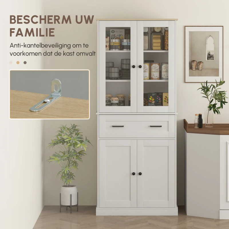 HOMCOM Keukenkast, Buffet, Acrylfront, Lades, 76 x 40 x 182,5 cm, Crèmewit(m-4)