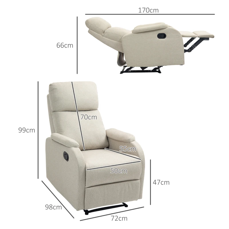 HOMCOM Fotoliu Rabatabil Manual cu Suport pentru Picioare și Spătar, 72x98x99 cm, Bej