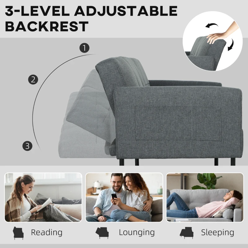 HOMCOM Canapea Extensibilă 2 în 1 cu 3 Locuri și Brațe, 200x77x72 cm, Gri