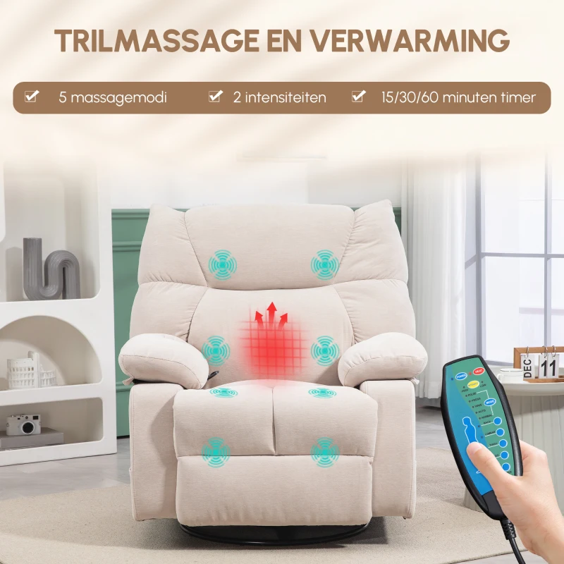 HOMCOM Massagestoel met Verwarmings- & Ligfunctie, Draaibaar, tot 150 kg, Metaal Frame, 98x90x98cm, Beige(m-4)
