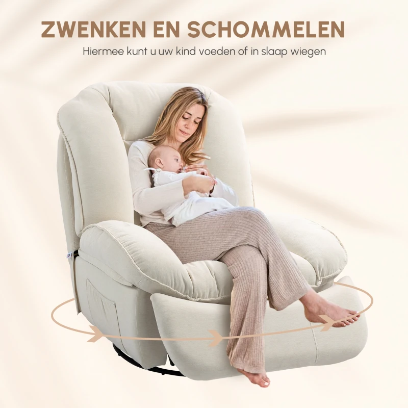 HOMCOM Relaxfauteuil, verstelbaar, 104x100x102cm/164x76cm, Crème Wit(m-6)