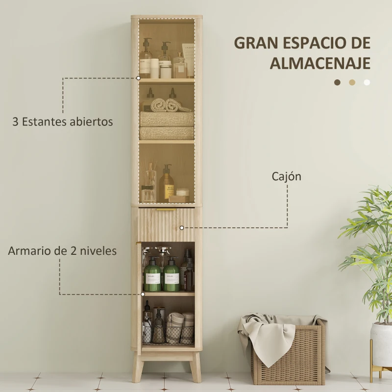 HOMCOM Columna Alta de Baño con Estantes y Cajón Diseño Compacto y Funcional para Espacios Reducidos 33x30x170 cm Tono Madera