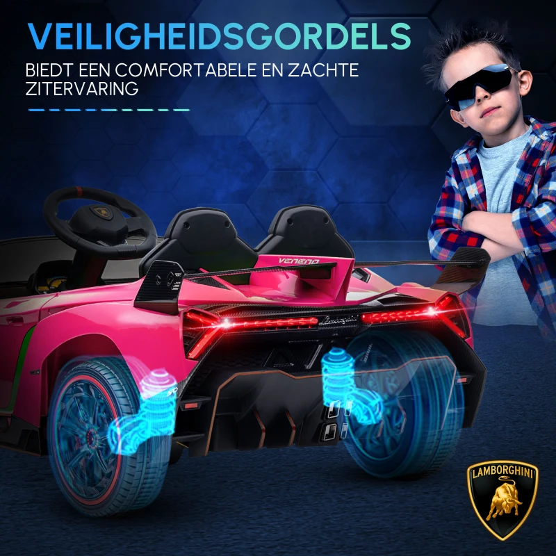 HOMCOM Elektrische Kinderauto, gelicentieerde Lamborghini Veneno, 3-7 km/u, Vleugeldeuren, Muziekspeler, Afstandsbediening, roze