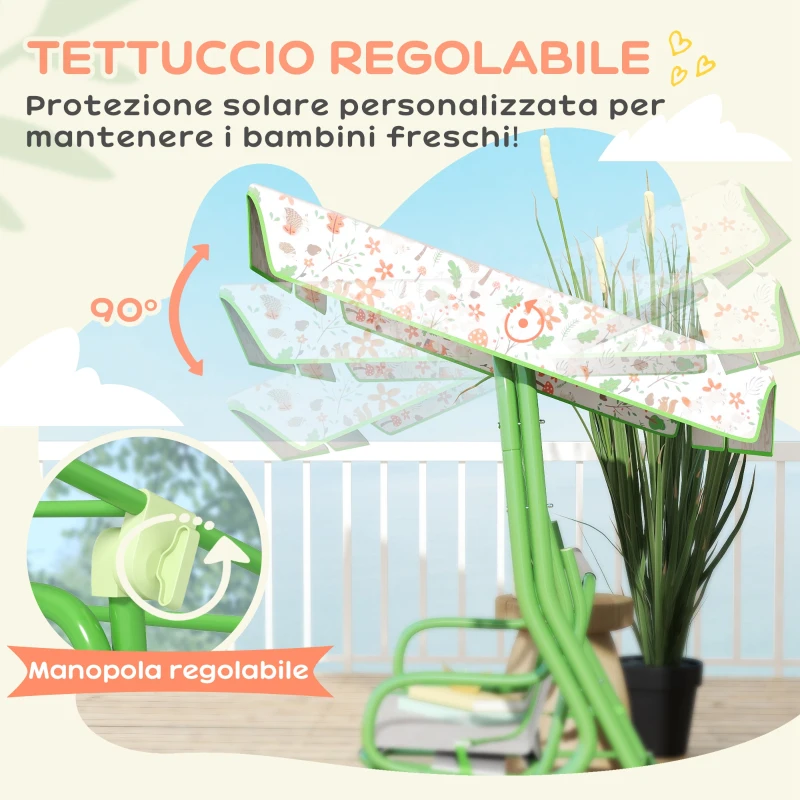 AIYAPLAY Dondolo per Bambini da Esterno a 2 Posti con Tettuccio Regolabile e Cinture di Sicurezza, 112x75x120 cm, Verde