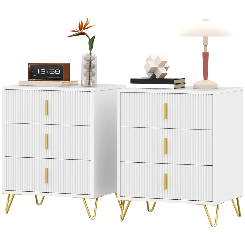 HOMCOM Set of 2 Elegant Chest of Three Drawers - White/Gold-Tone