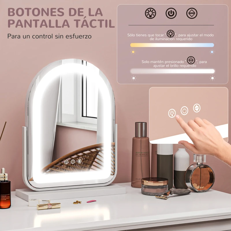 HOMCOM Espejo de Maquillaje con Luz LED Iluminación Ajustable Rotación Regulable de 360° y Control Táctil 33x12x44,5 cm Blanco