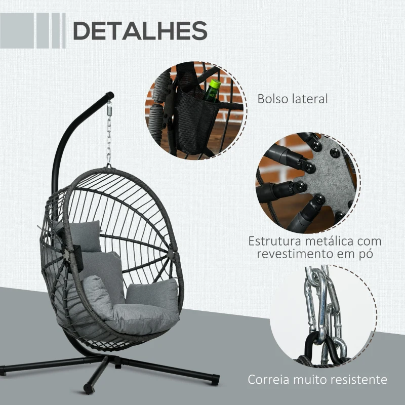 Outsunny Cadeira Suspensa com Suporte Cadeira Baloiço de Exterior com Cesta Dobrável Almofada e Apoio para a Cabeça 120x106x188 cm  Cinza