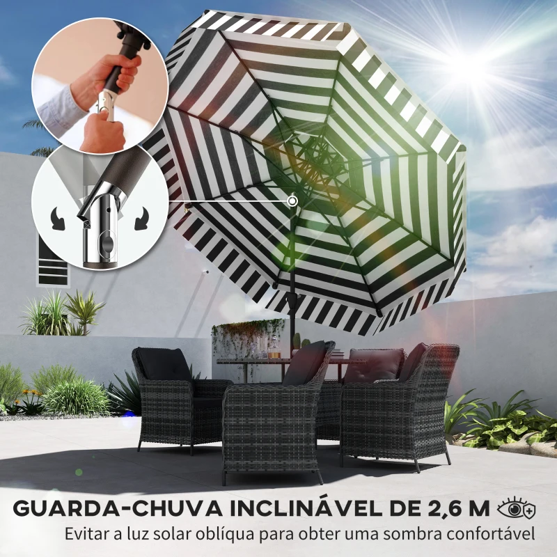 Outsunny Chapéu de Sol para Jardim Ø263 cm Chapéu de Sol de Exterior com Ângulo Ajustável e Manivela Proteção UV30+ Preto e Branco