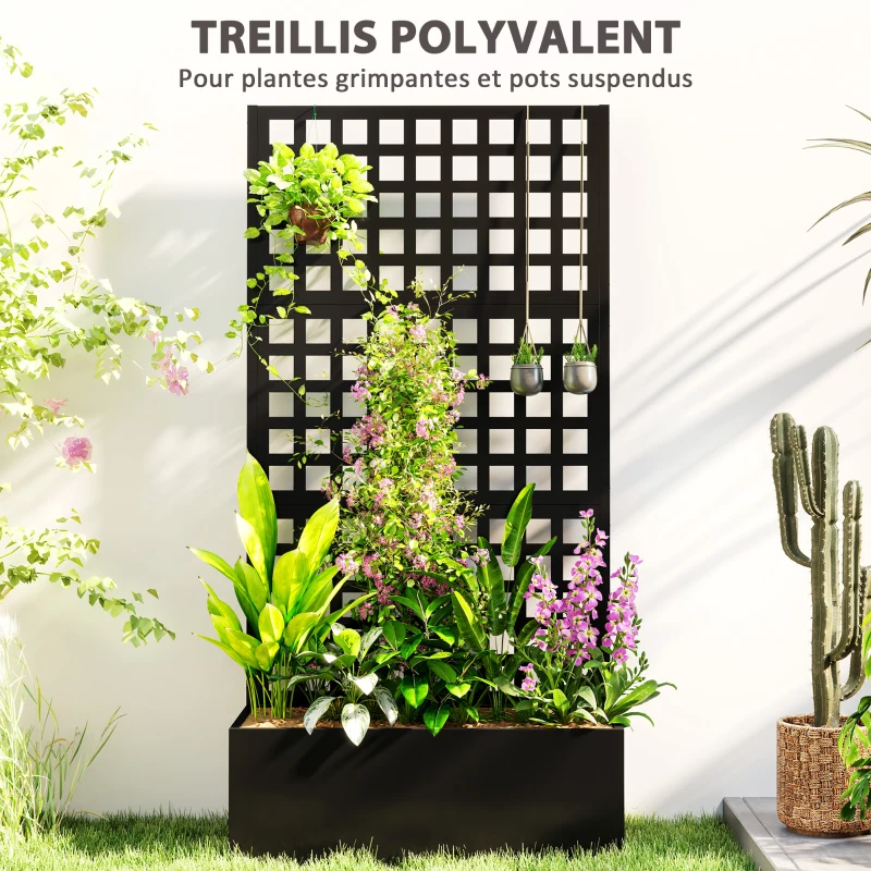 Outsunny Jardinière avec treillis, brise-vue, lit surélevé de jardin acier galvanisée, pour plantes grimpantes, 89x40x178cm, noir