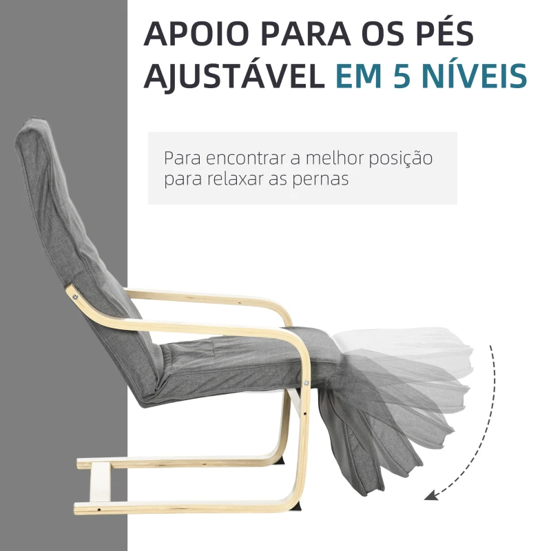 HOMCOM Poltrona Relax com Apoio para os Pés Ajustável Estofada em Tecido com Estrutura de Madeira 66,5x94x100 cm Cinza