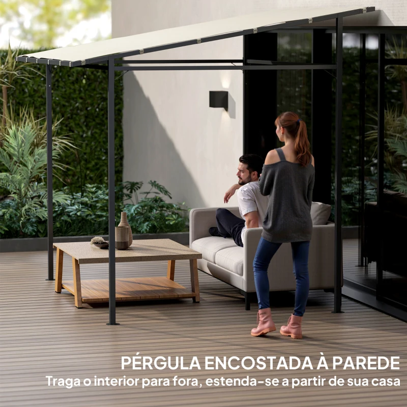 Outsunny Pérgola de Parede 2,4x2,4 m Pérgola de Jardim com Teto Inclinado Proteção UV 30+ Impermeável e Estrutura de Metal Creme